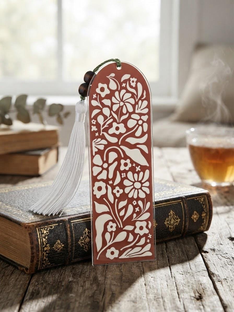 Neutral Tones Acrylic Bookmark with UV DTF Design, Tassel & Beads - Book Lovers Gift