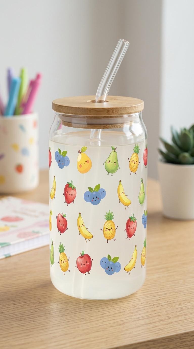16 oz Glass Tumbler with Bamboo Lid and Straw – Summer Fruit Collection