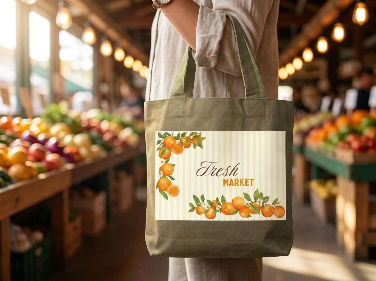 Fresh Oranges Market Tote Bag – 100% Cotton Canvas Summer Bag