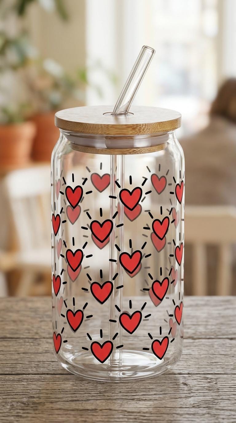 16 oz Glass Tumbler with Bamboo Lid and Straw – Heart Pattern Drinkware
