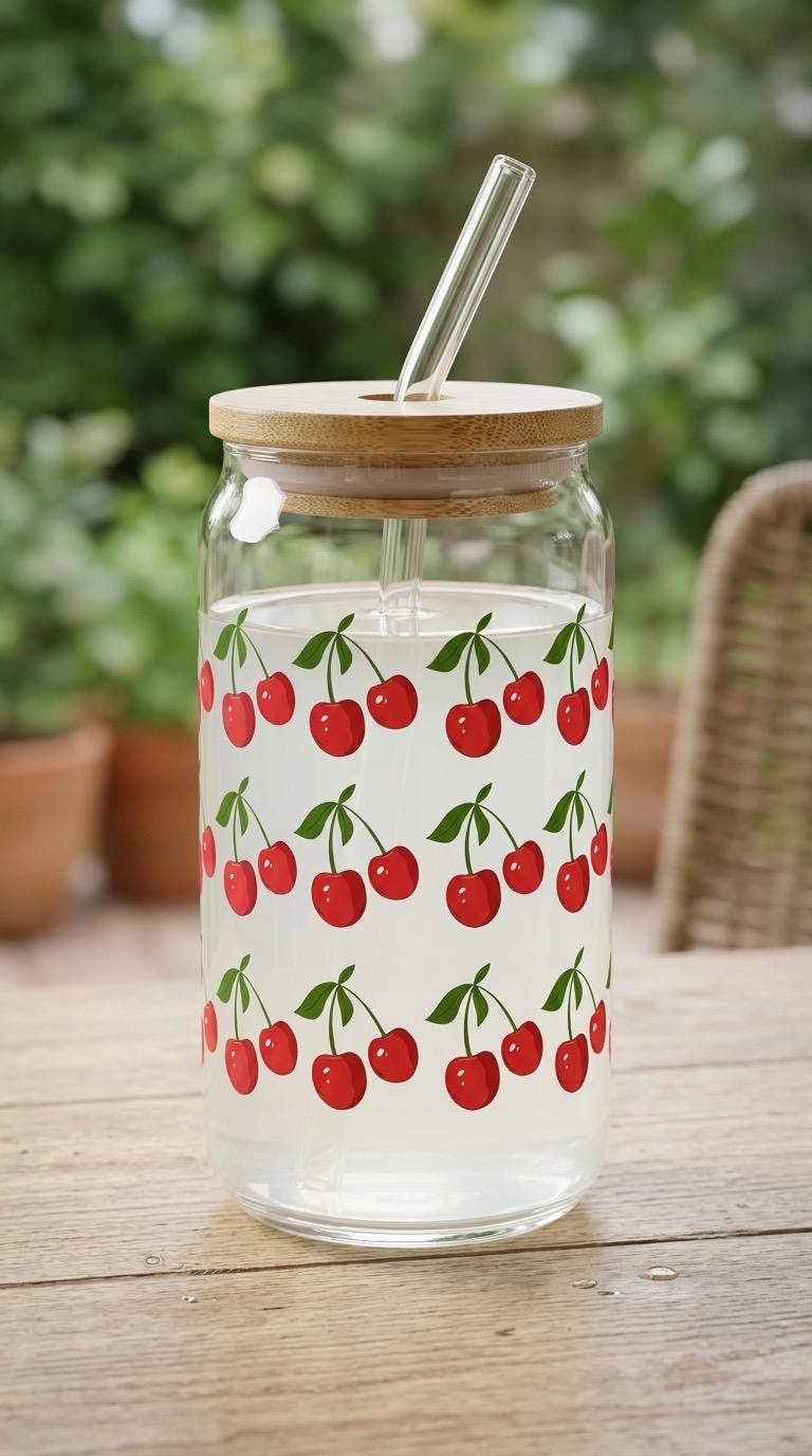 16 oz Glass Tumbler with Bamboo Lid and Straw - Cherry - Summer Fruit - Teacher Gift