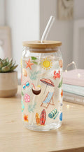 16 oz Glass Beach Vibes Tumbler with Bamboo Lid – Summer Coastal Drinkware