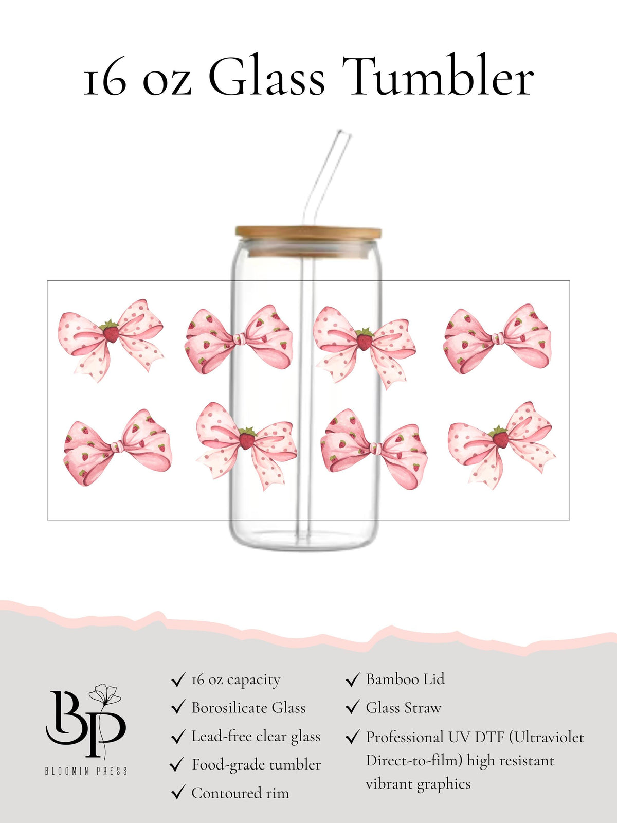 16 oz Glass Tumbler with Pink Bows, Bamboo Lid, and Straw – Coquette Summer Drinkware