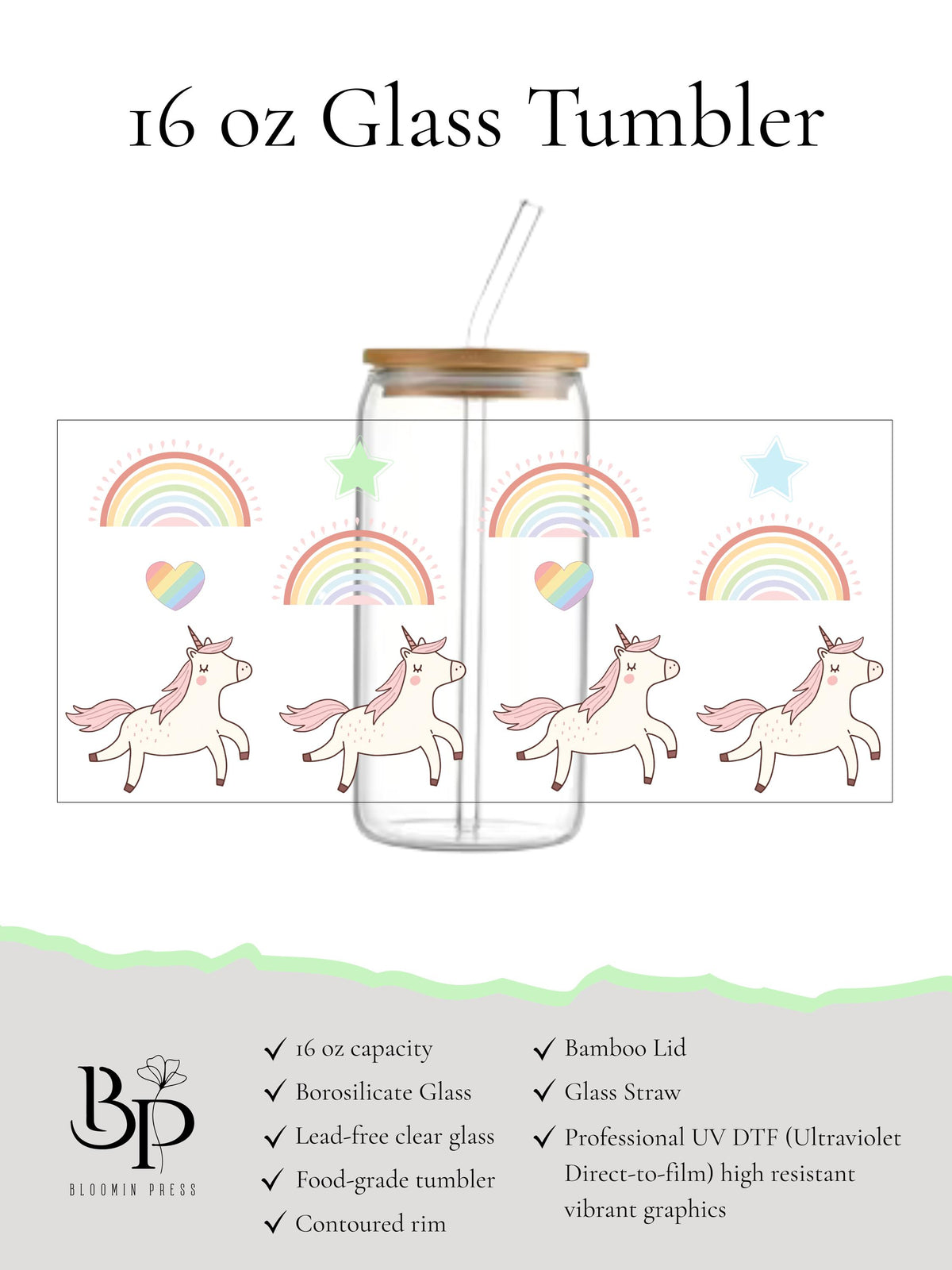 16 oz Glass Tumbler with Bamboo Lid with Straw - Girl gift - Unicorns - Fairycore