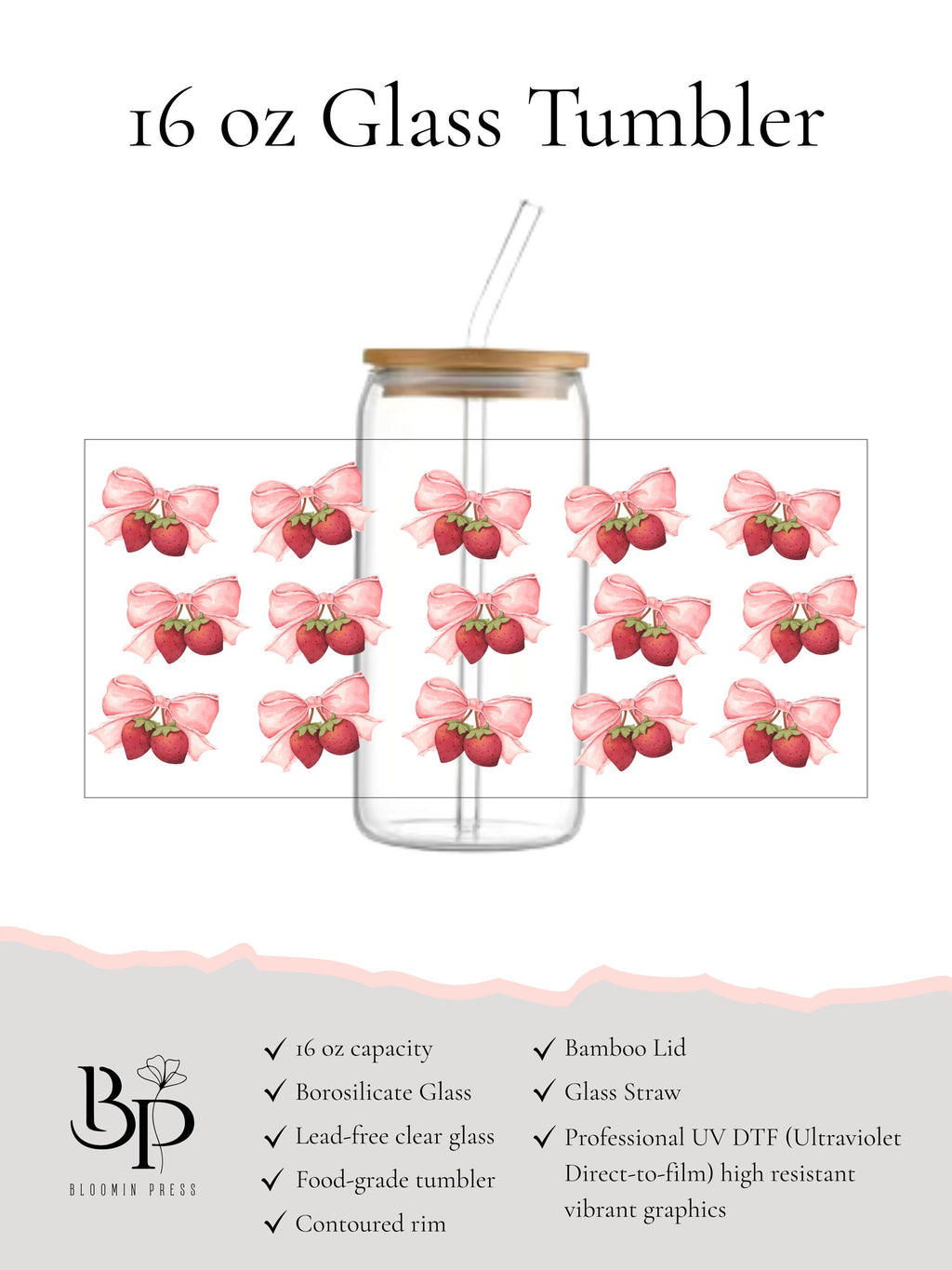 16 oz Glass Tumbler with Bamboo Lid – Pink Bow Strawberry Design