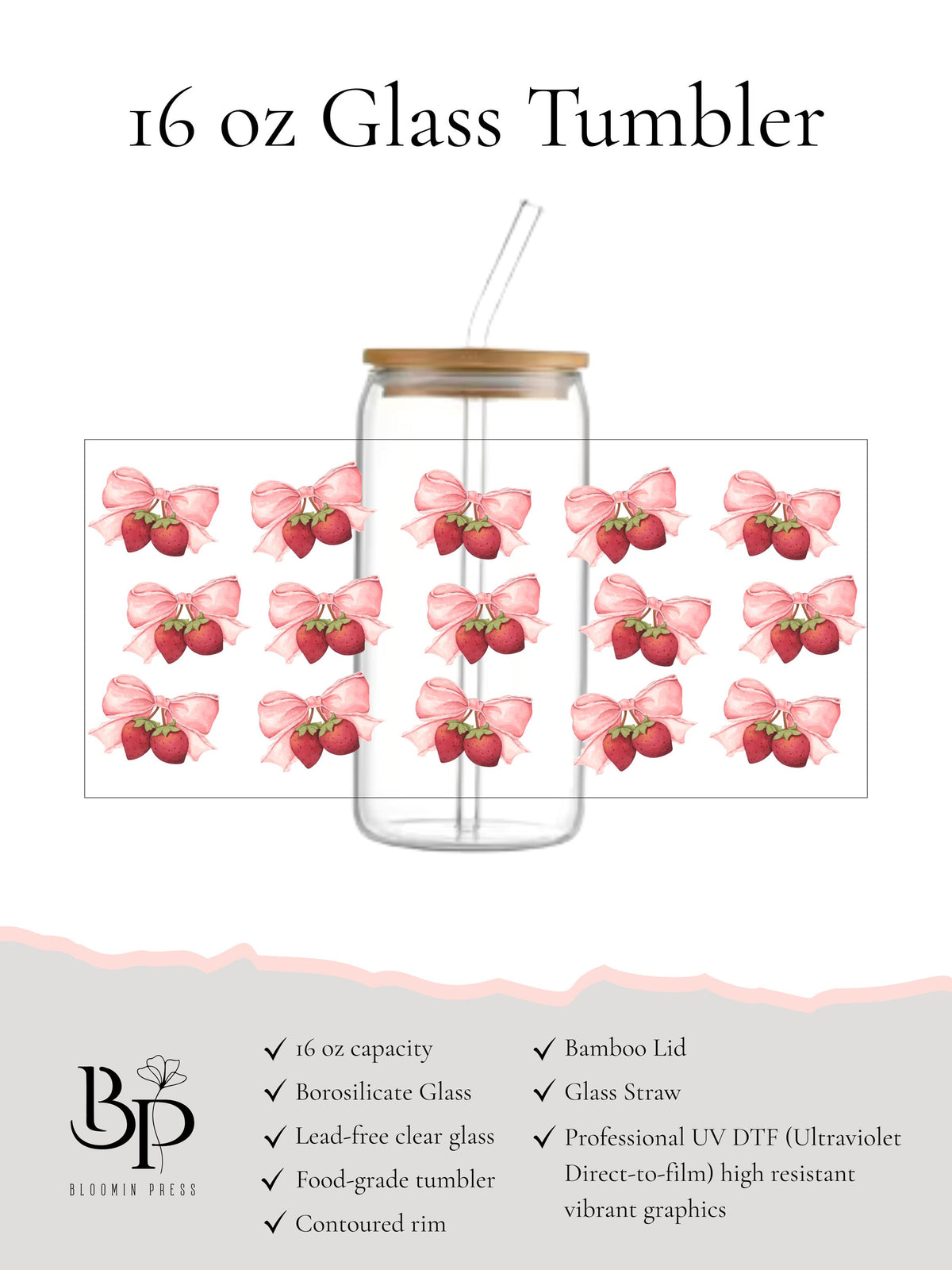 16 oz Glass Tumbler with Bamboo Lid – Pink Bow Strawberry Design