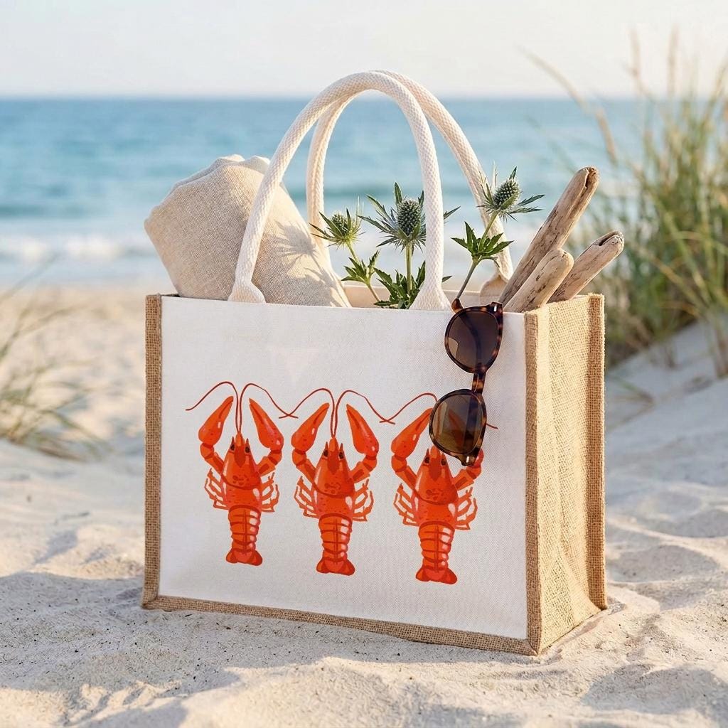 Burlap Beach Tote Bag with Crawfish Design, Water-resistant lined