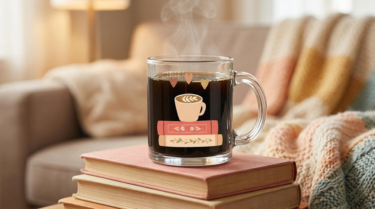 12 oz Clear Glass Mug  for Coffee and Book Lovers - Beige