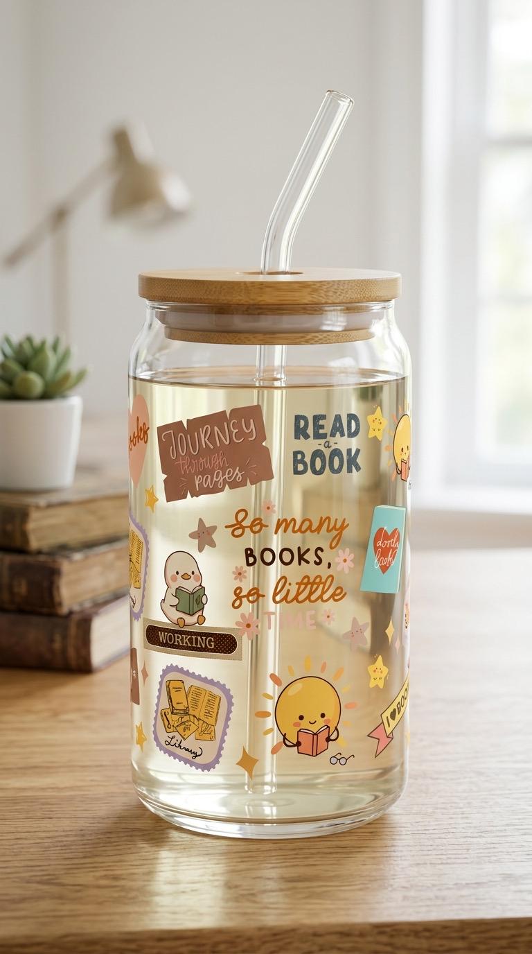16 oz Glass Tumbler with Bamboo Lid and Straw - Book Lovers - Gift for Friend