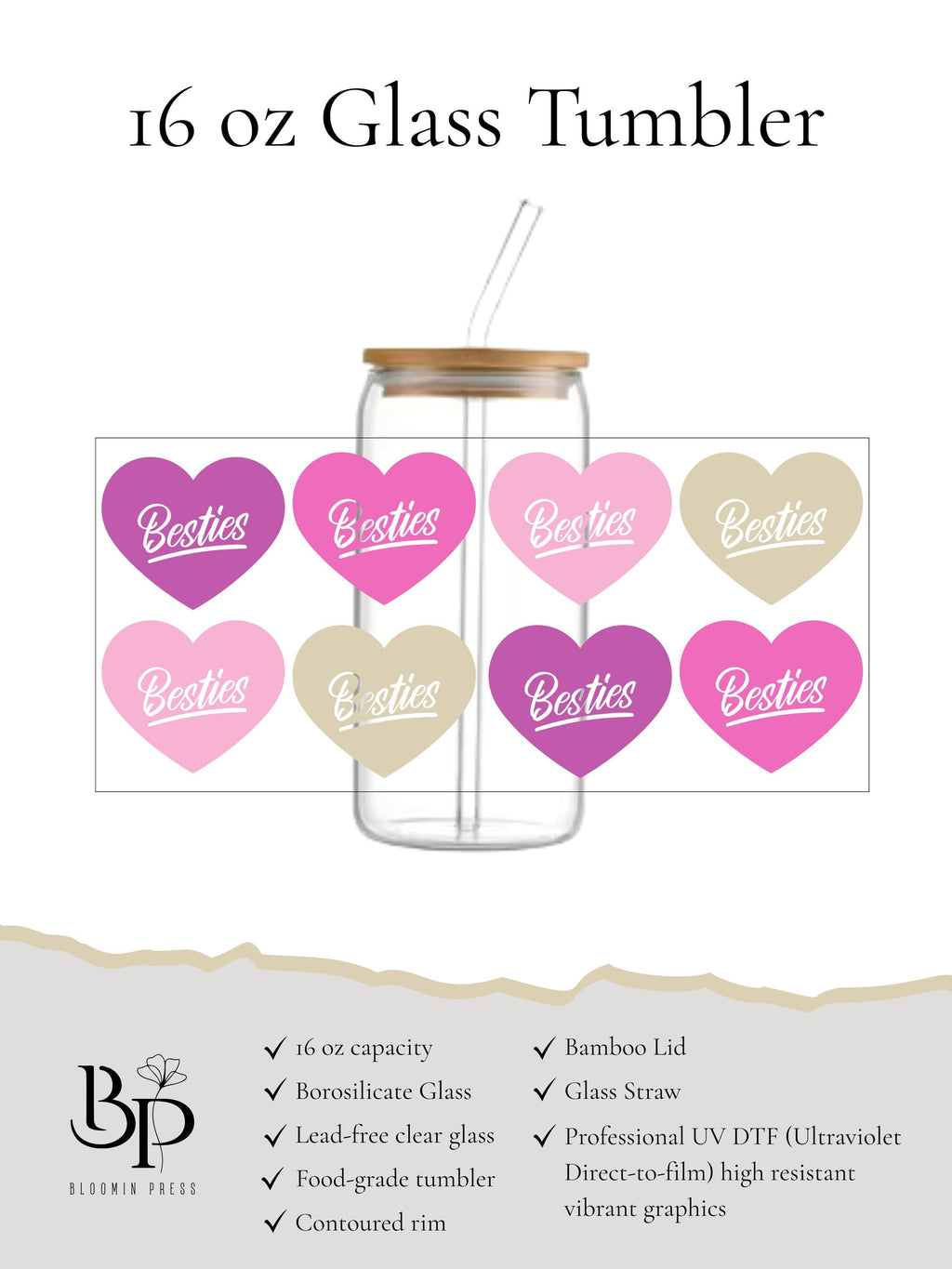 16 oz Glass Tumbler with Bamboo Lid and Straw - Gift for friend - Besties