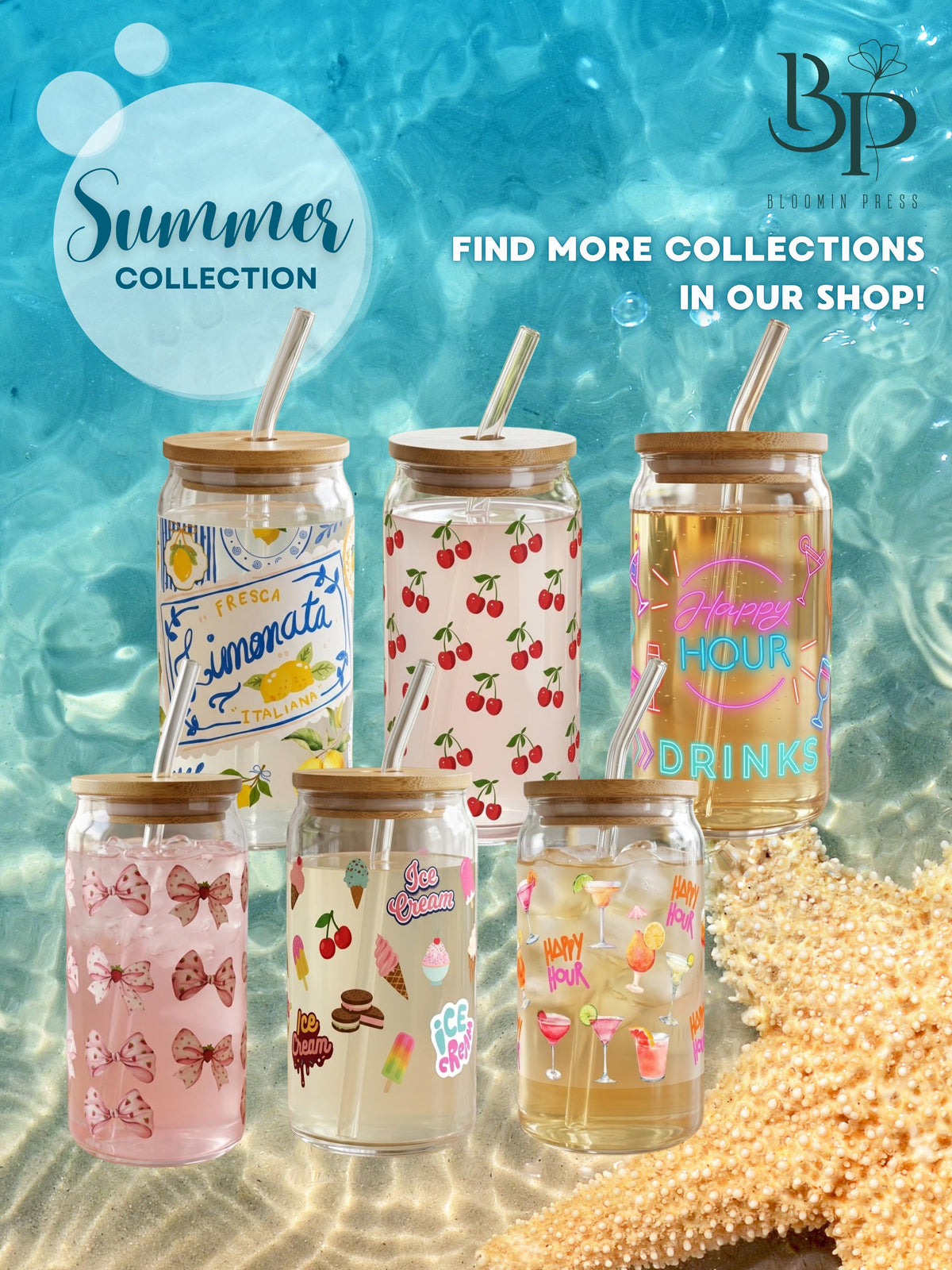 16 oz Glass Tumbler with Bamboo Lid – Summer Vacation Drinkware