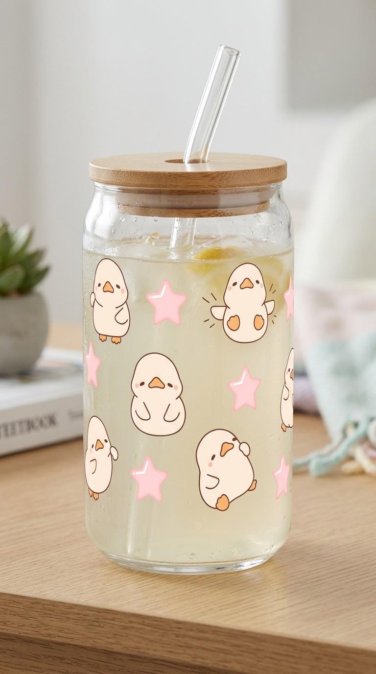16 oz Glass Tumbler with Bamboo Lid and Straw - Animal lover - Ducks