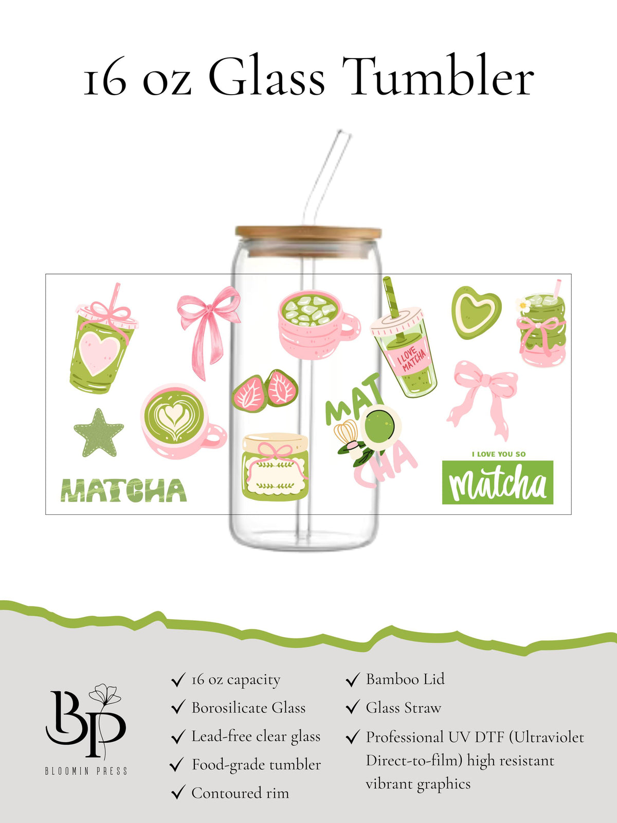 Matcha Lovers 16 oz Glass Tumbler with Bamboo Lid and Straw - Teacher Gift