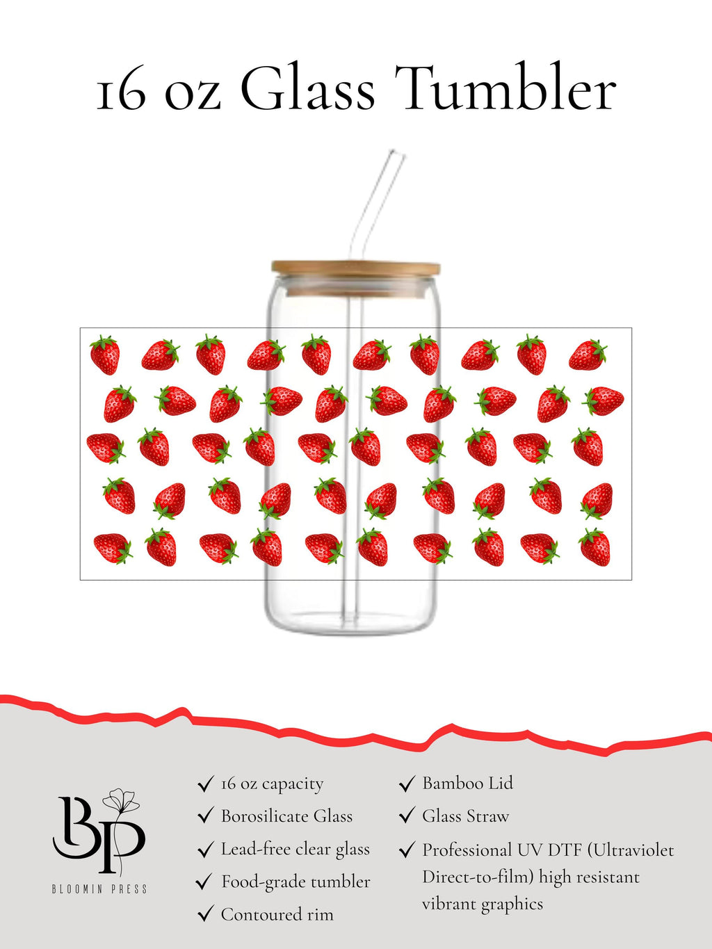 16 oz Strawberry Glass Tumbler with Bamboo Lid and Straw – Summer Fruit Drinkware