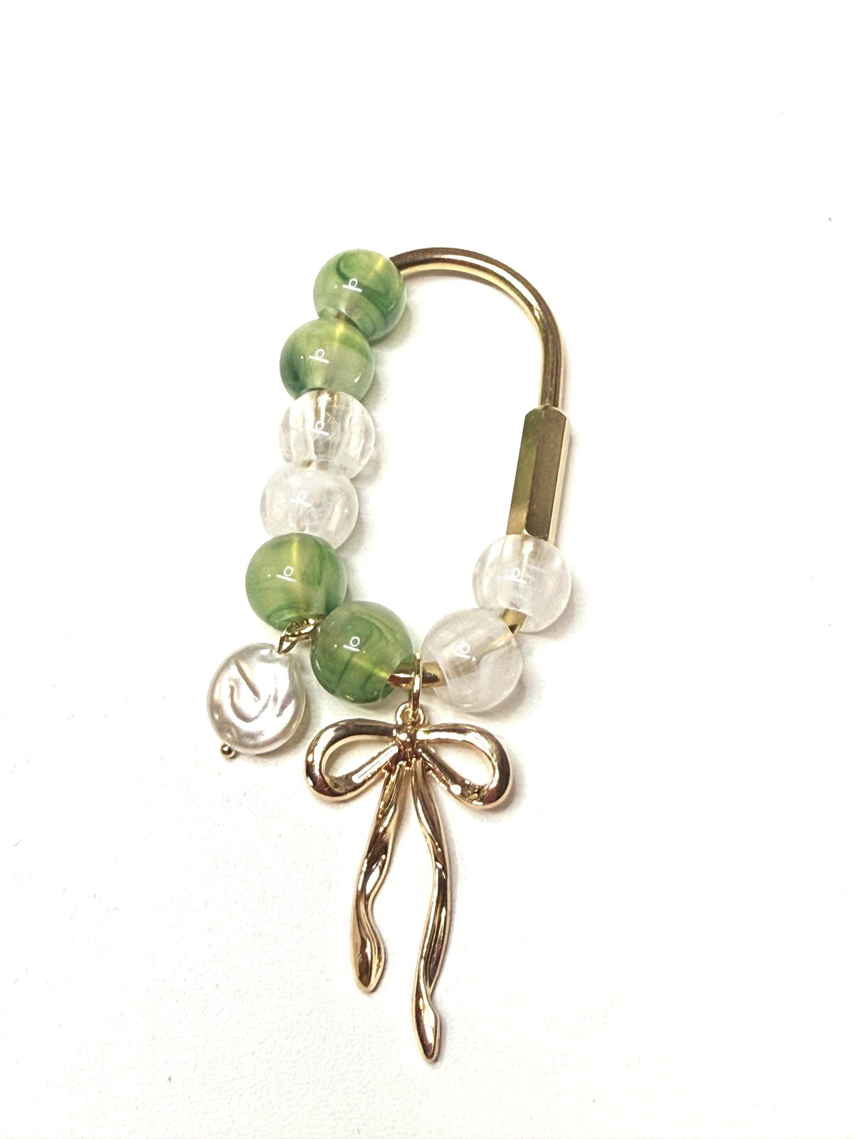 Golden Bow Carabiner Bag Charm – Green Beads, Pearl Accent, Lake Inspired