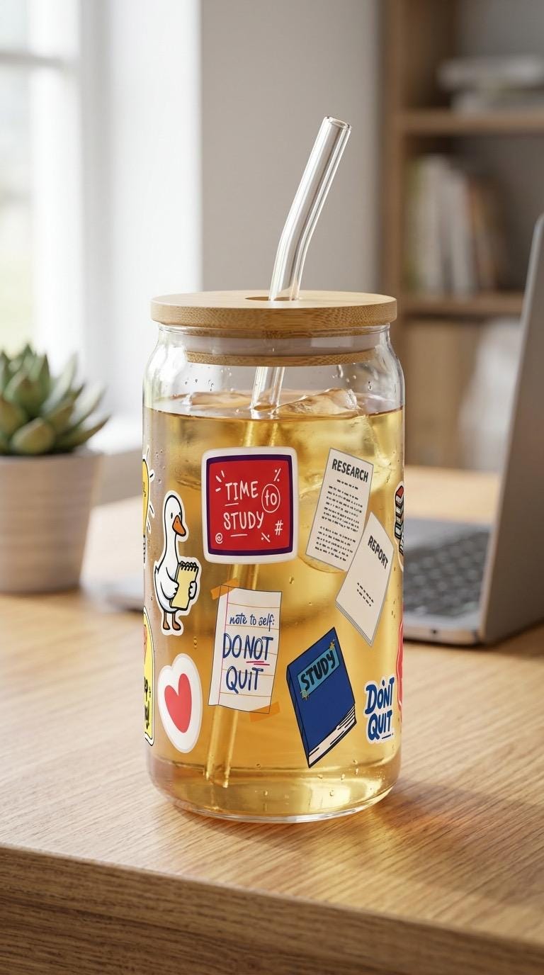 16 oz Glass Tumbler with Bamboo Lid – Study Graphics, Cold Drinks, Student Gift