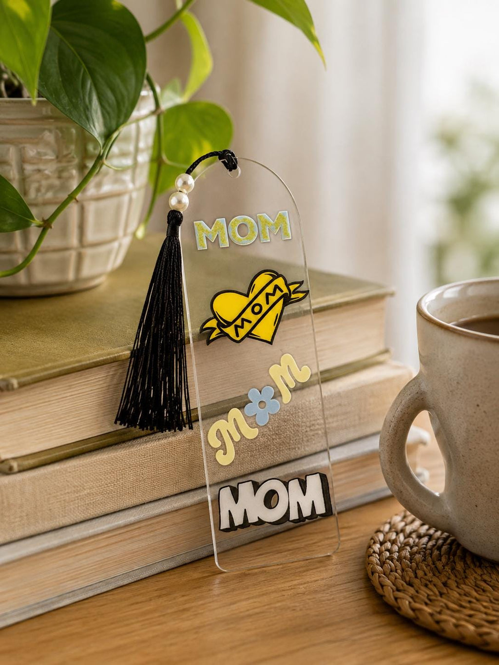 Mom - Acrylic Bookmark with UV DTF Design, Tassel & Beads