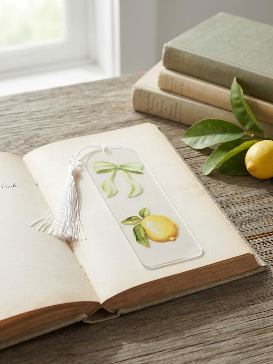 Coquette Acrylic Bookmark with UV DTF Design, Tassel & Beads - Lemon and green bow