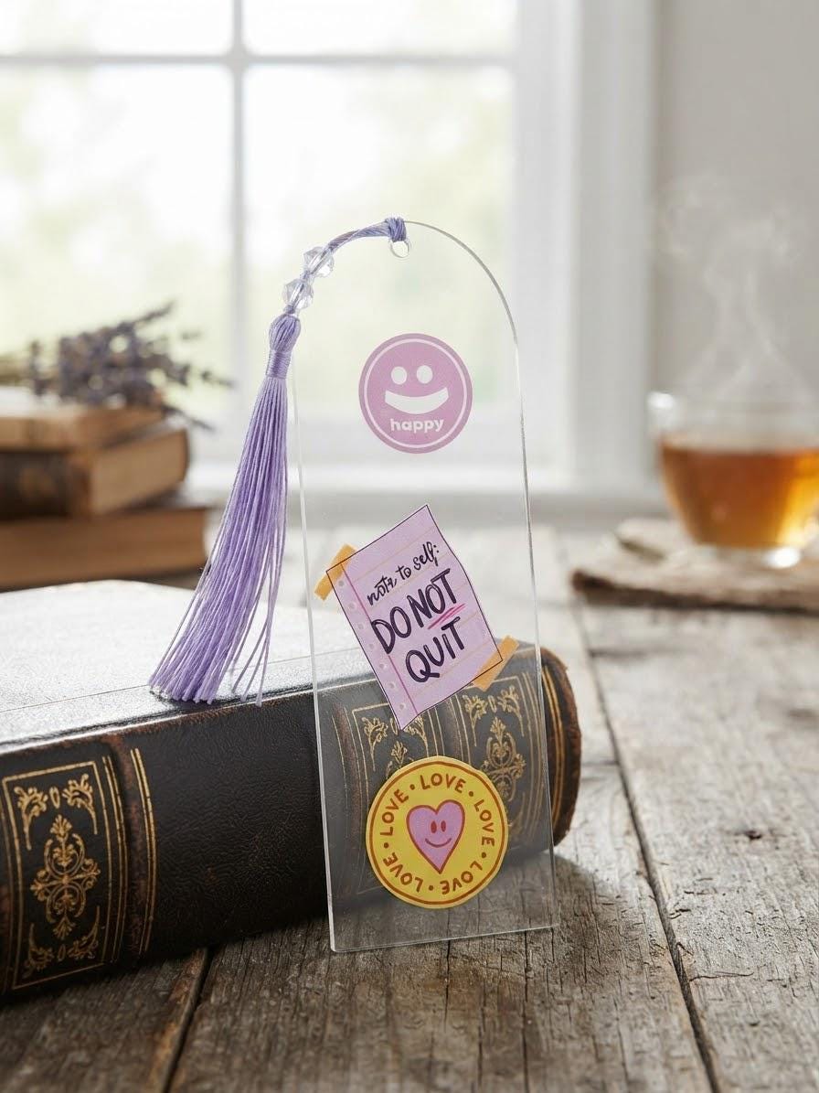 Positivity Acrylic Bookmark with UV DTF Design, Tassel & Beads - Book Lovers Gift