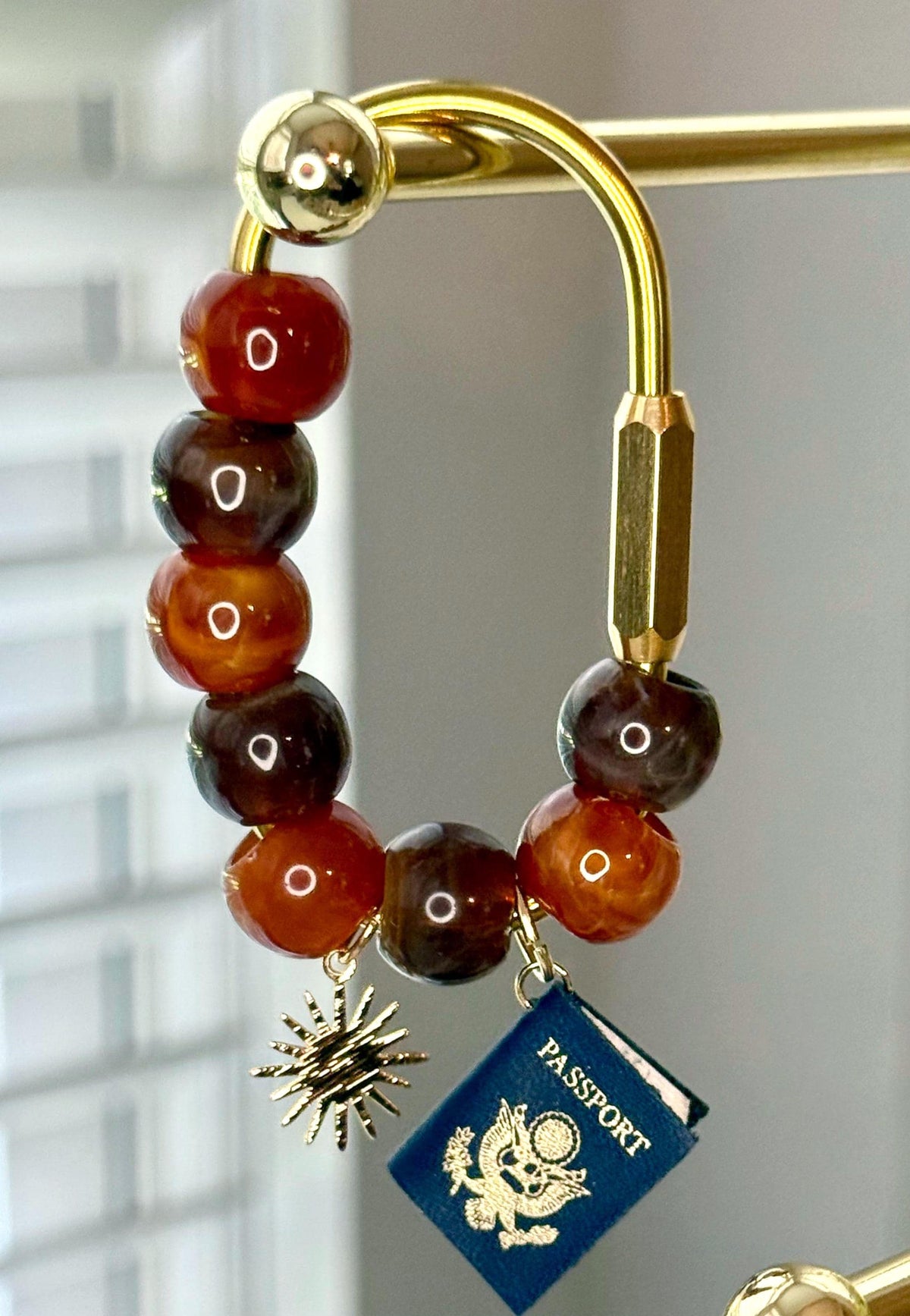 Golden Carabiner Bag Charm – Wooden Beads, Passport, Sun Charms – Travel Accessory