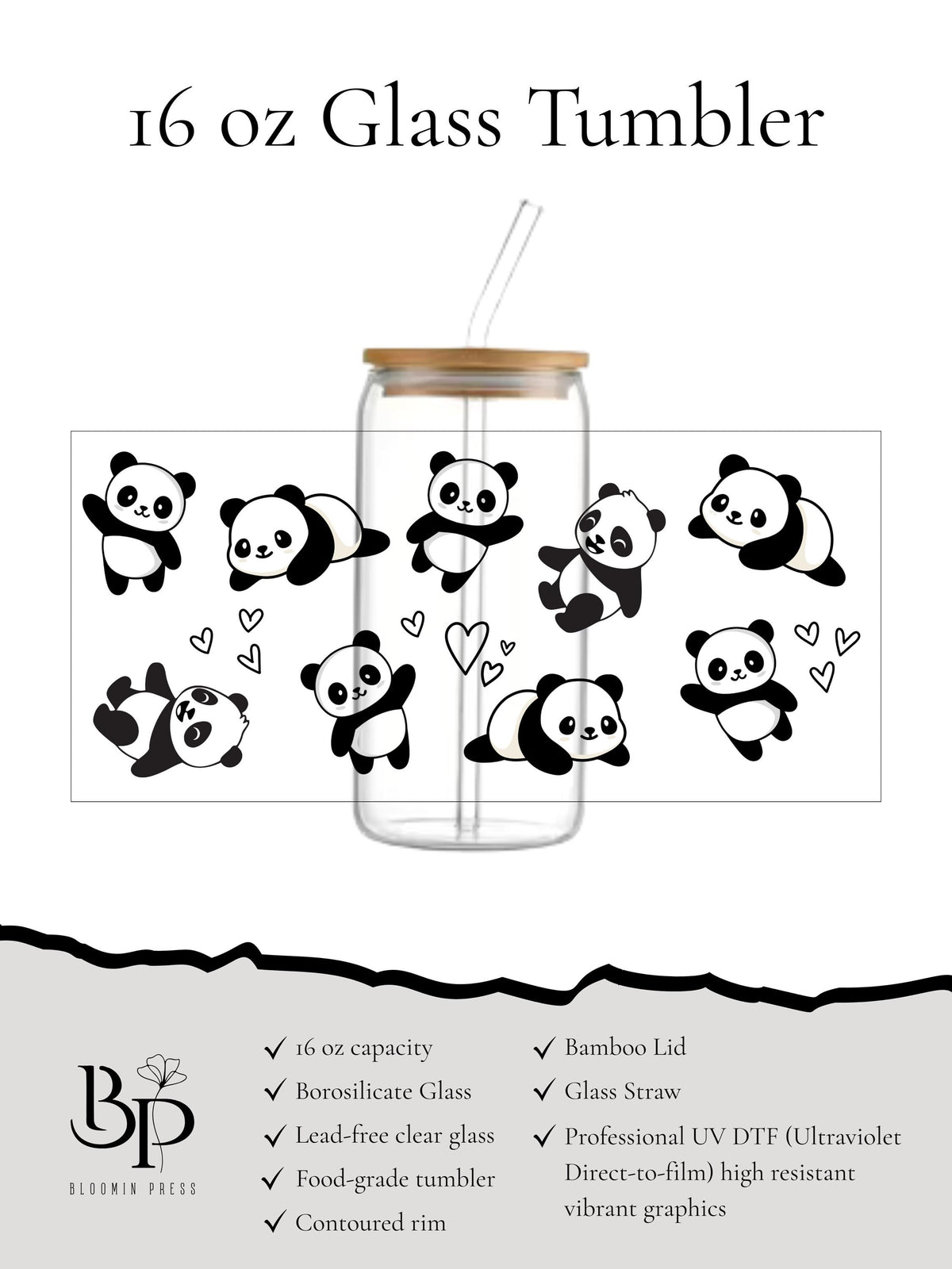 16 oz Glass Tumbler with Bamboo Lid and Straw - Animal lover - Pandas
