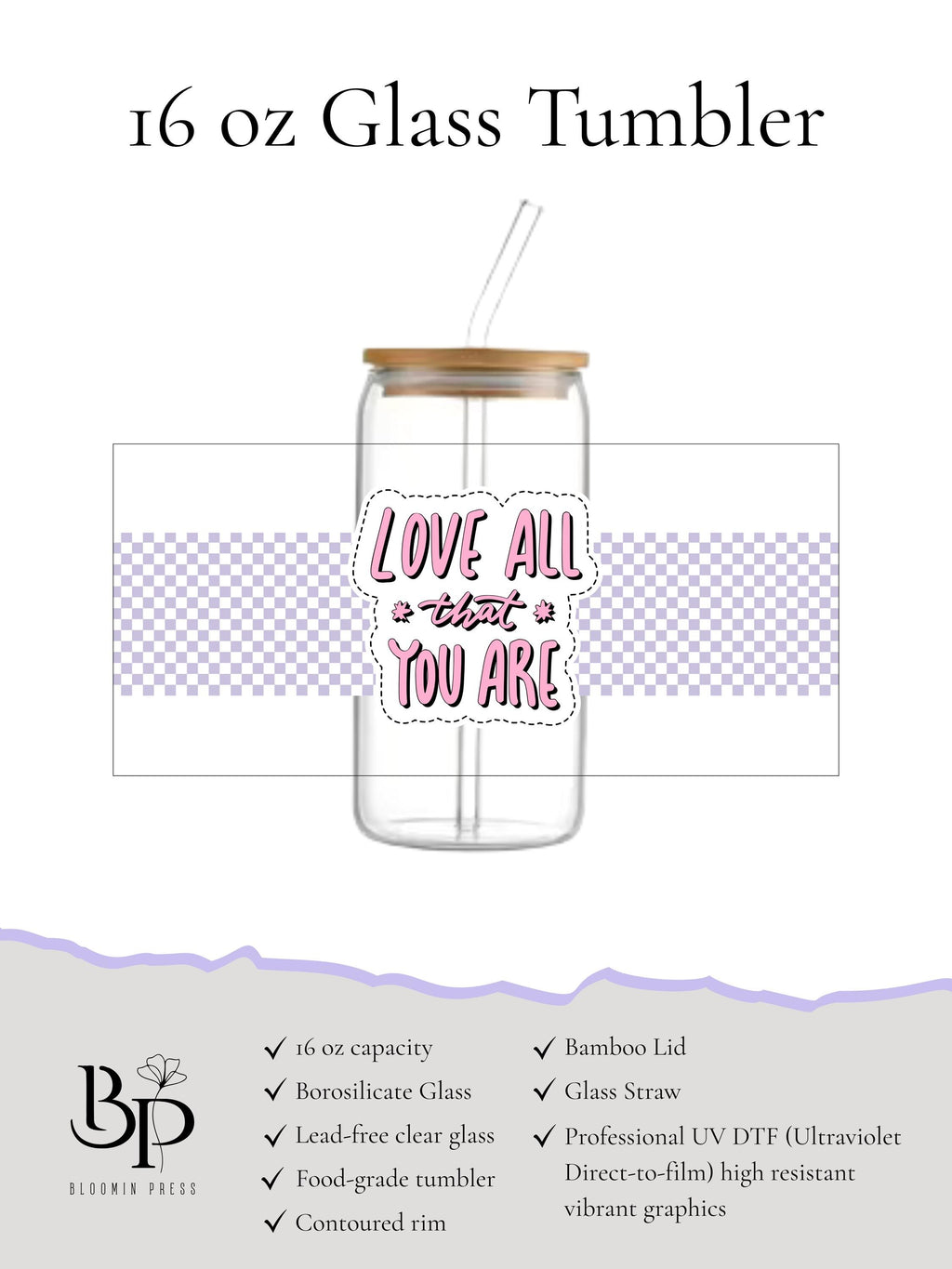 16 oz Glass Tumbler with Bamboo Lid and Straw - Custom cup - Feel good gifts