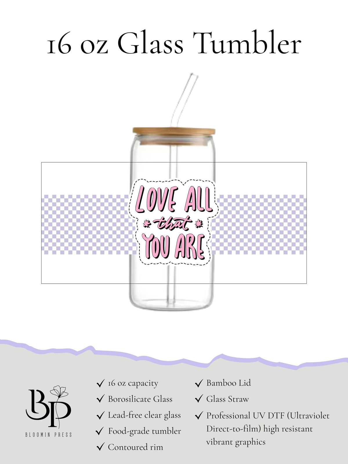 16 oz Glass Tumbler with Bamboo Lid and Straw - Custom cup - Feel good gifts