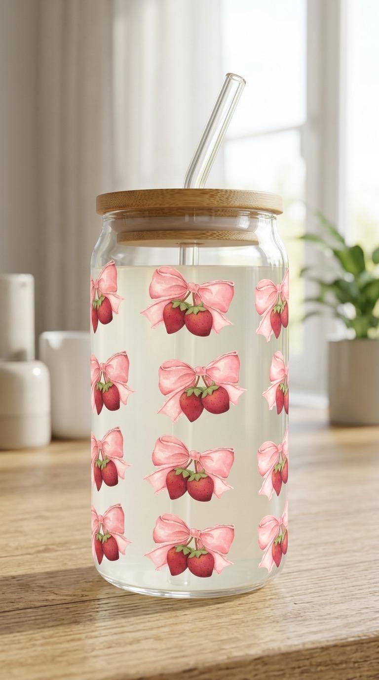 16 oz Glass Tumbler with Bamboo Lid – Pink Bow Strawberry Design