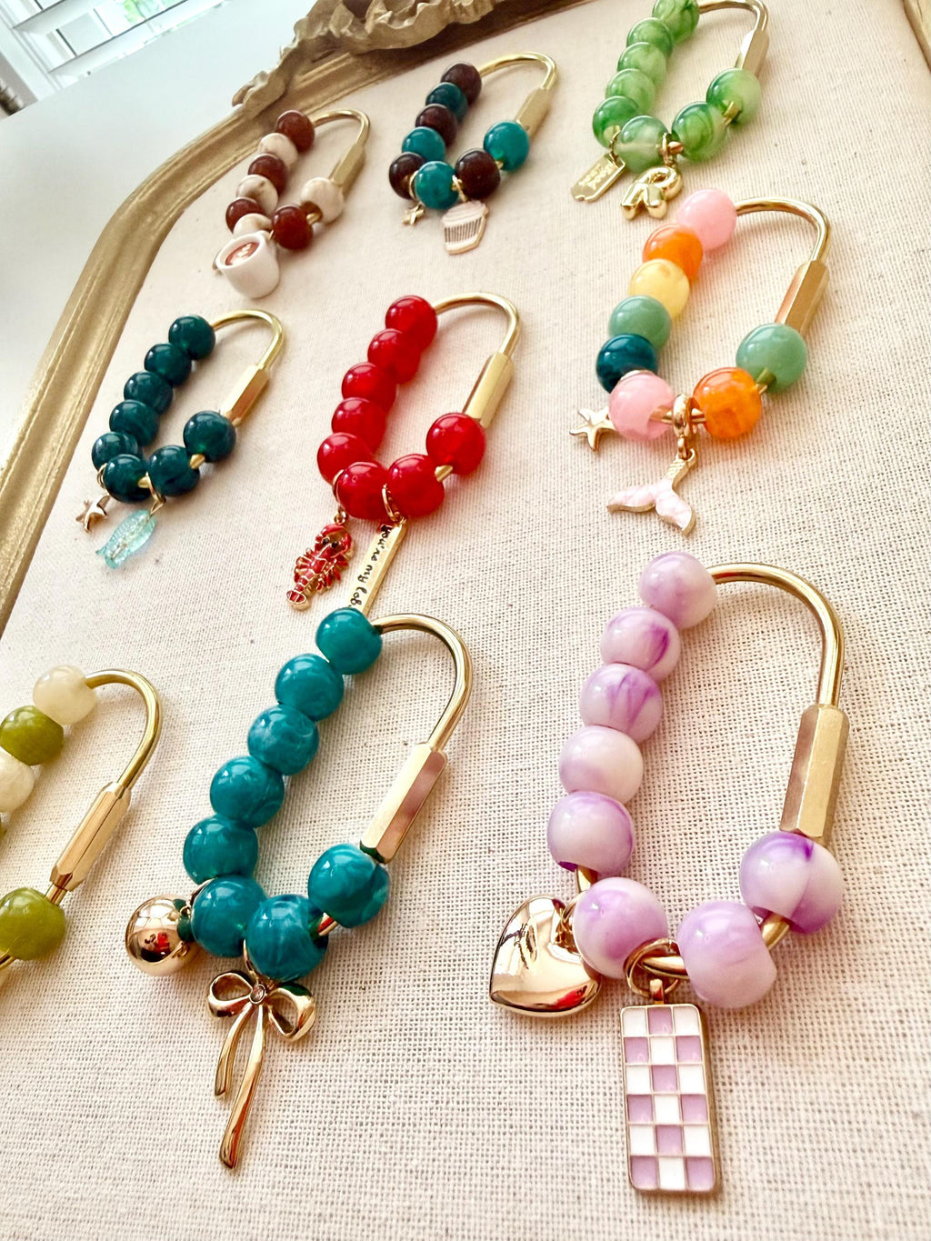 Golden Carabiner Bag Charm with Bee and "Be Kind" Tag – Wooden Beads Purse Accessory