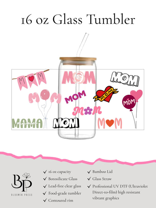 16 oz Glass Tumbler with Bamboo Lid and Straw - Gift for Mom - Trendy cup