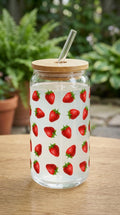 16 oz Strawberry Glass Tumbler with Bamboo Lid and Straw – Summer Fruit Drinkware
