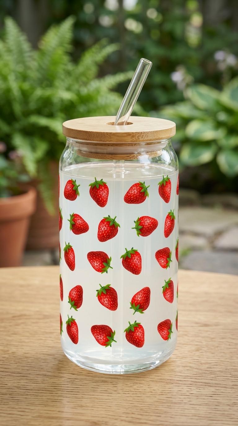 16 oz Strawberry Glass Tumbler with Bamboo Lid and Straw – Summer Fruit Drinkware