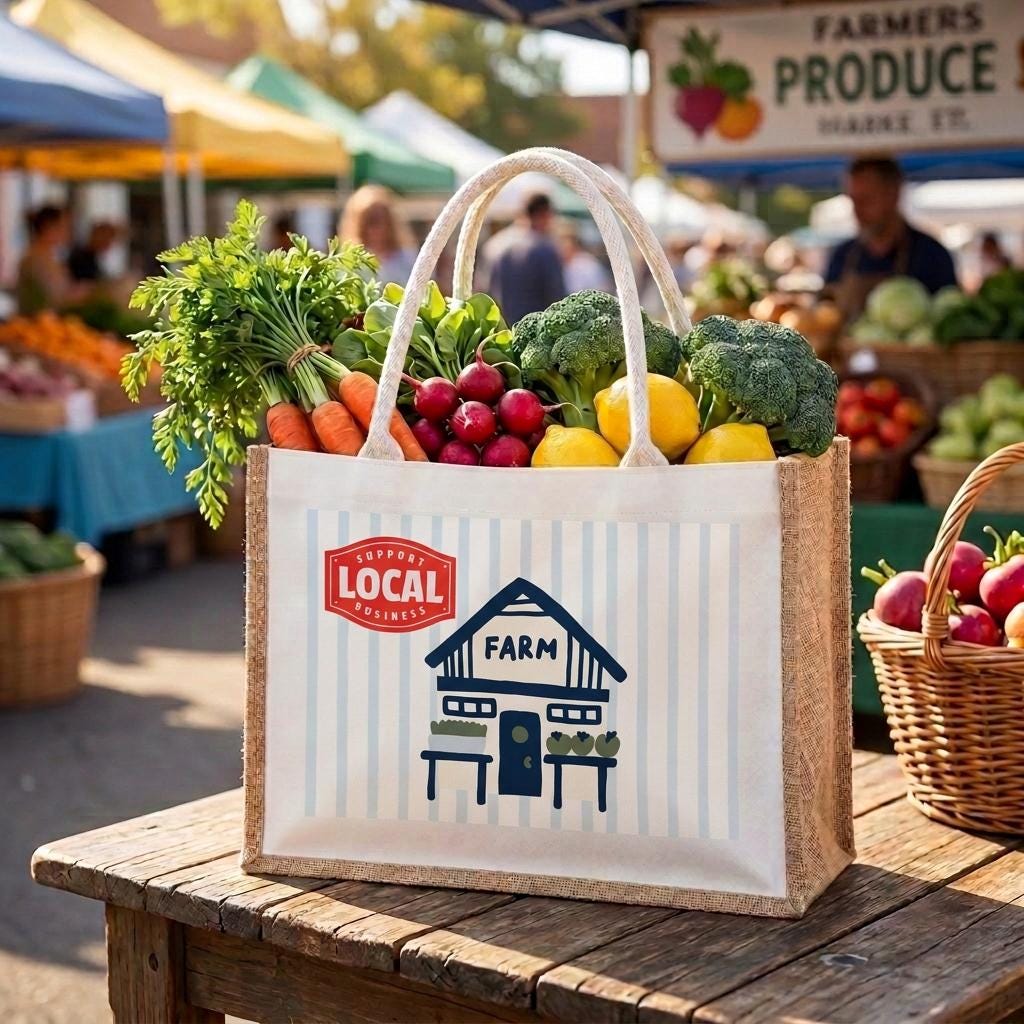 Farmers Market Burlap Tote, Water-resistant lined - Support the local market, reusable shopping bag