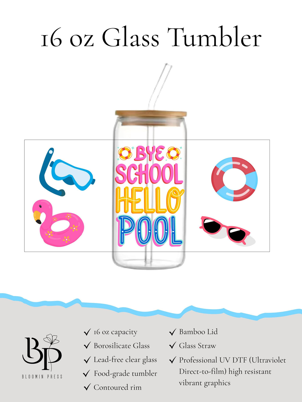 16 oz Glass Tumbler – Pool Vibes, Bamboo Lid, Summer Drinkware