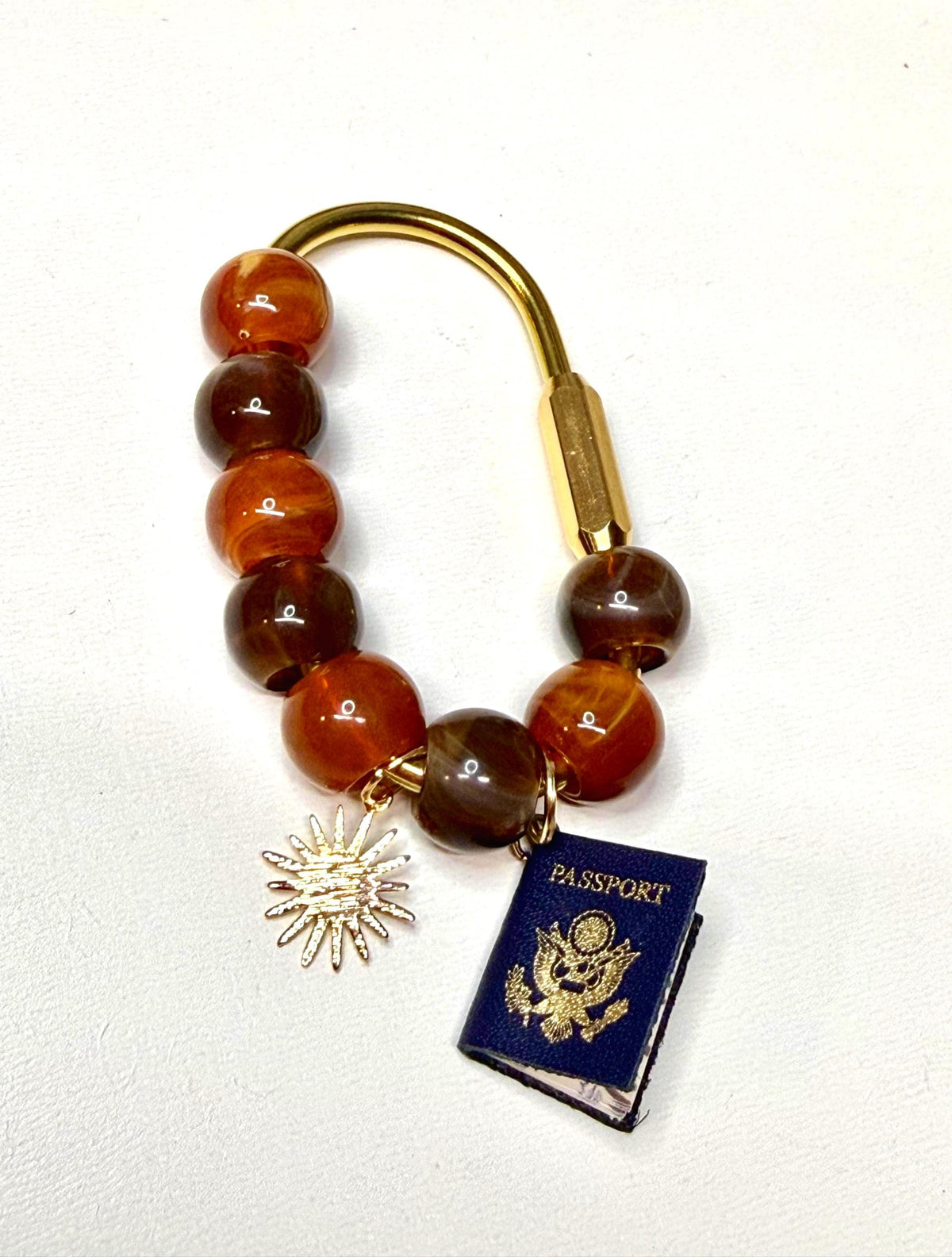 Golden Carabiner Bag Charm – Wooden Beads, Passport, Sun Charms – Travel Accessory