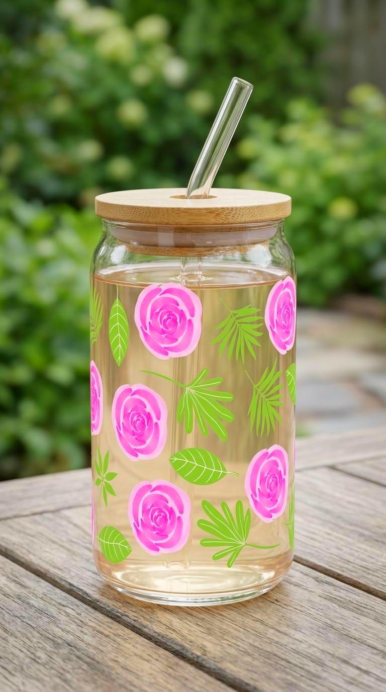 16 oz Tropical Floral Glass Tumbler with Bamboo Lid and Straw – Resort Style Drinkware