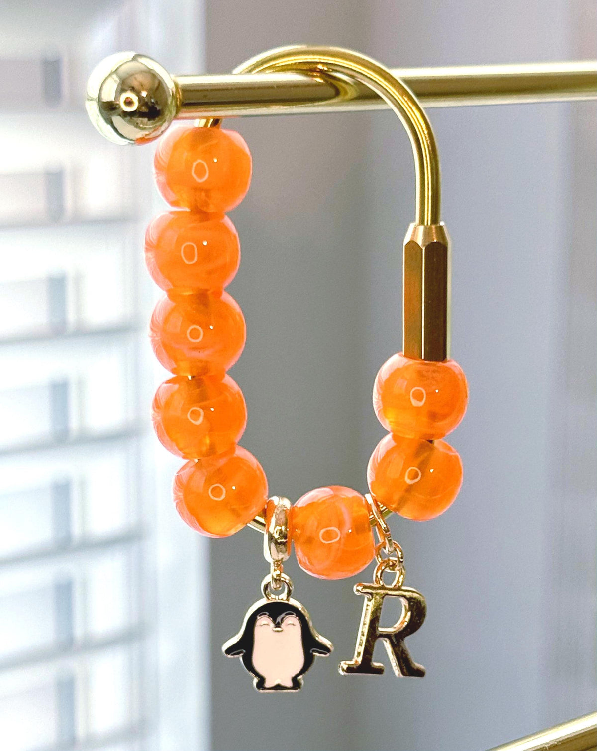 Golden Carabiner Bag Charm with Orange Beads, Penguin, Letter R Charms