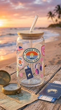 16 oz Glass Tumbler with Bamboo Lid – Summer Travel Design, Reusable Straw