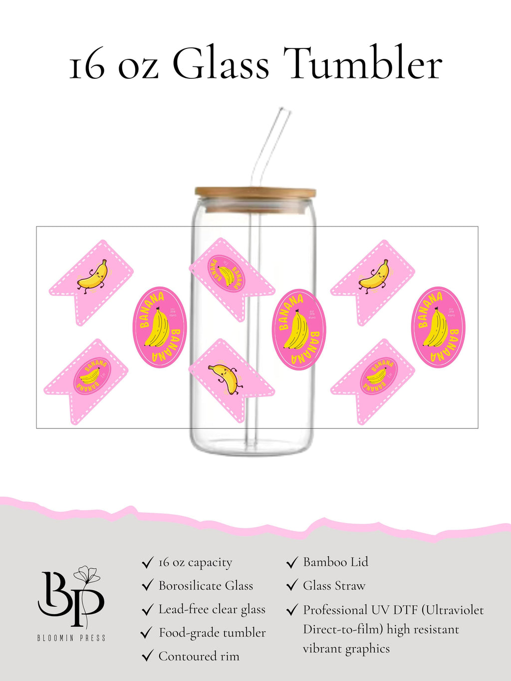 Bananas 16 oz Glass Tumbler  Bamboo Lid and Straw - Fun Cups - Back to School