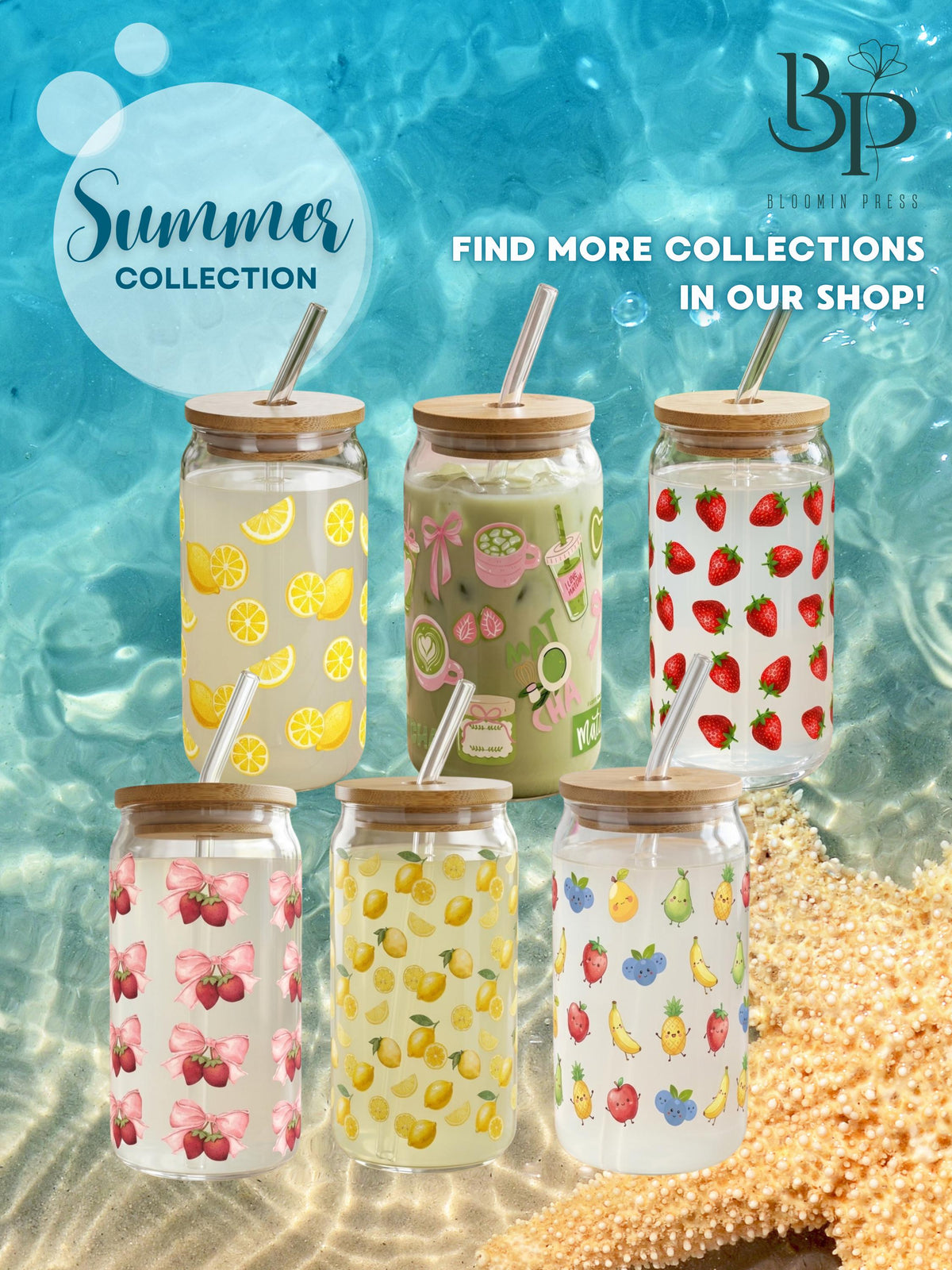 16 oz Glass Beach Vibes Tumbler with Bamboo Lid – Summer Coastal Drinkware