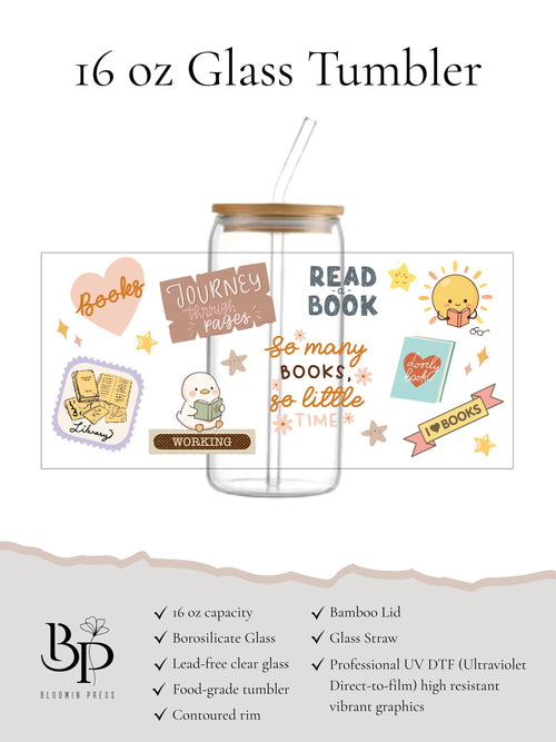 16 oz Glass Tumbler with Bamboo Lid and Straw - Book Lovers - Gift for Friend