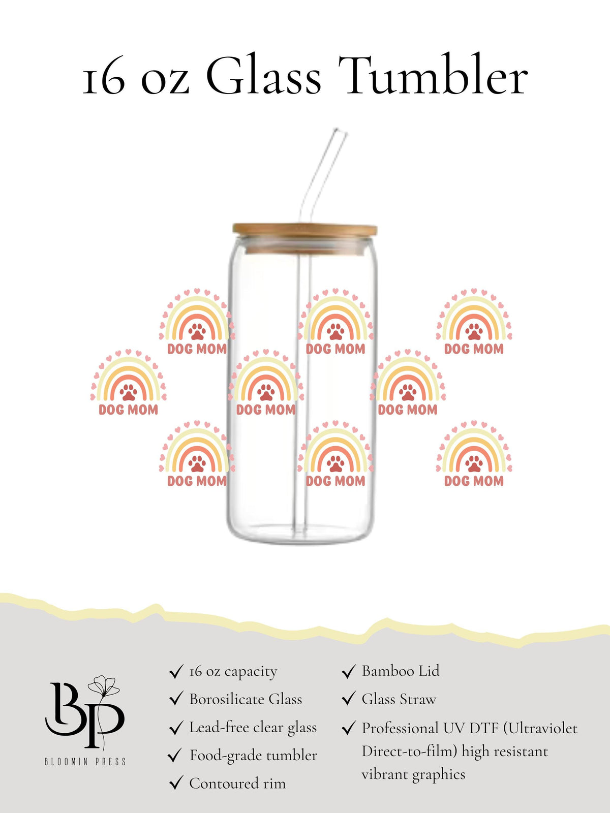 Dog Mom 16 oz Glass Tumbler – Paw Print Tumbler