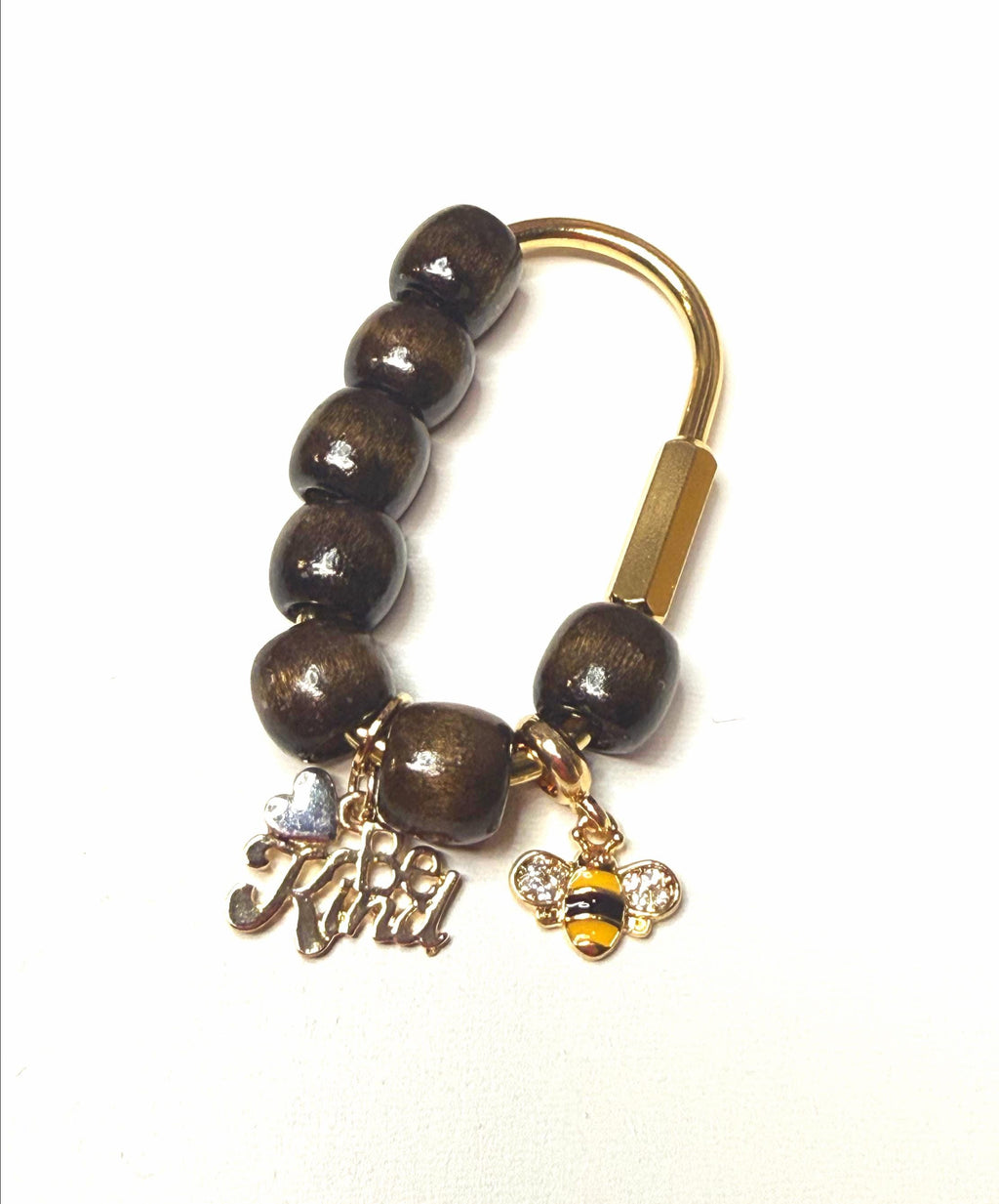 Golden Carabiner Bag Charm with Bee and "Be Kind" Tag – Wooden Beads Purse Accessory
