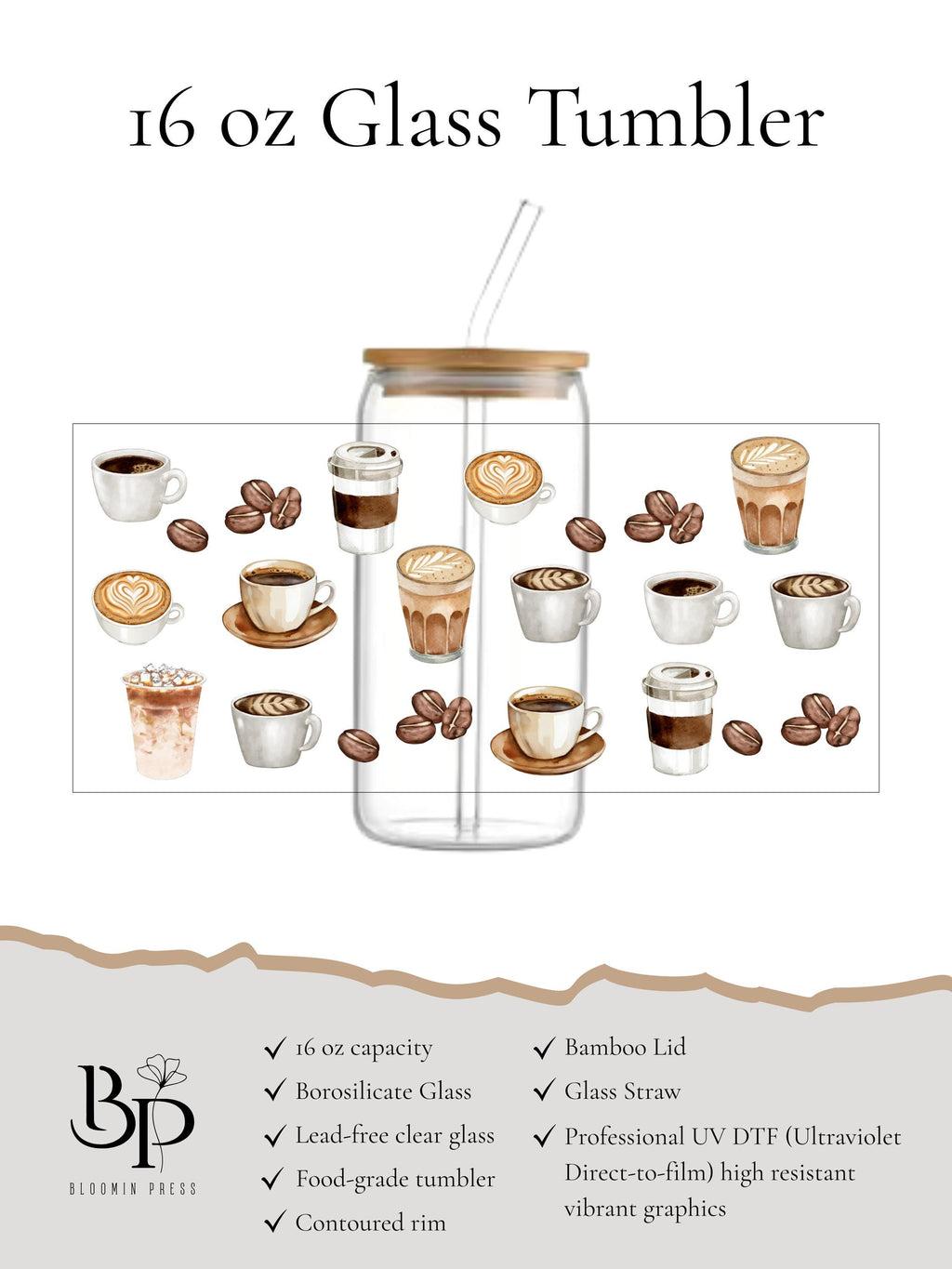 Coffee Lover 16 oz Glass Tumbler with Bamboo Lid and Straw - Barista Gift