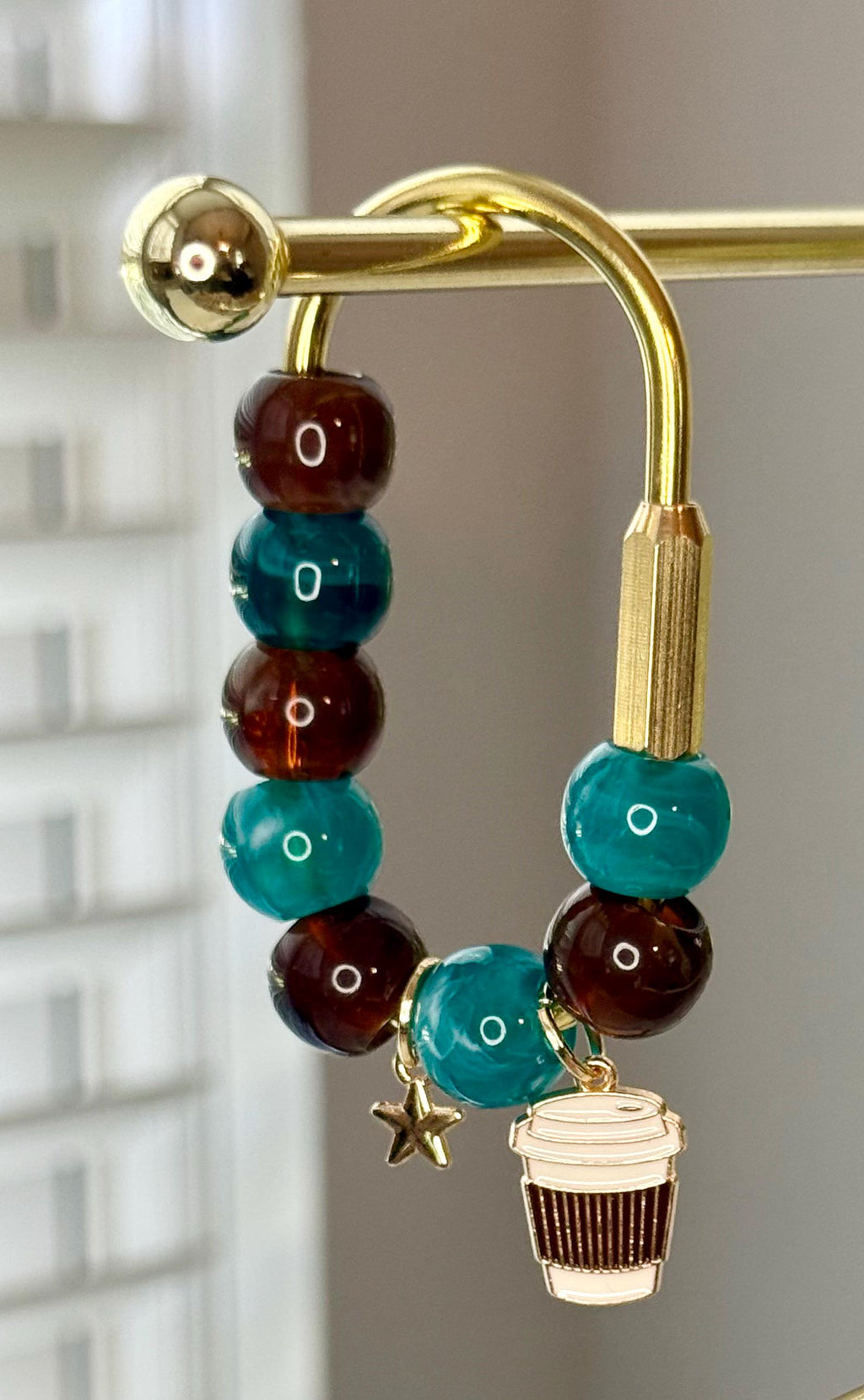 Golden Carabiner Bag Charm with Coffee Cup & Star – Coffee lover gift - Beaded Purse Accessory