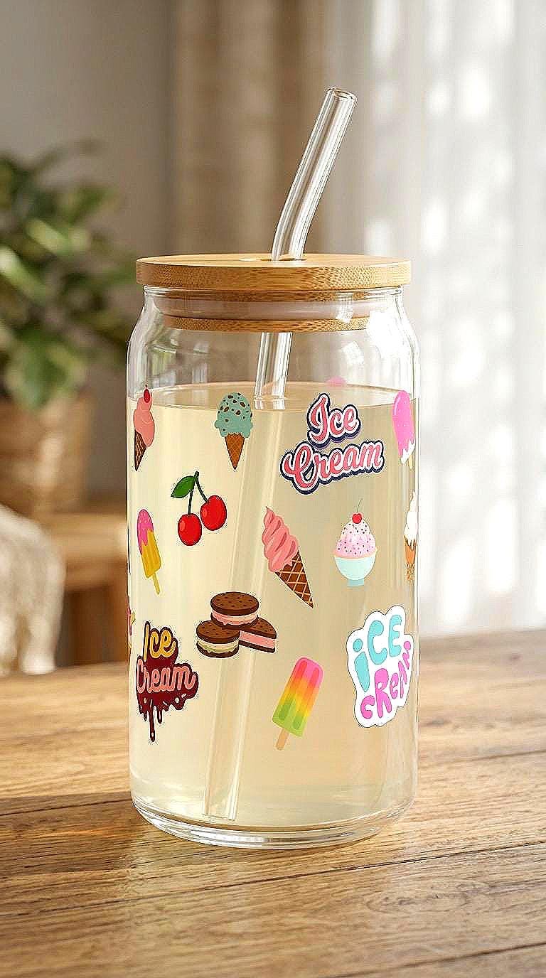 16 oz Ice Cream Print Glass Tumbler with Bamboo Lid & Straw