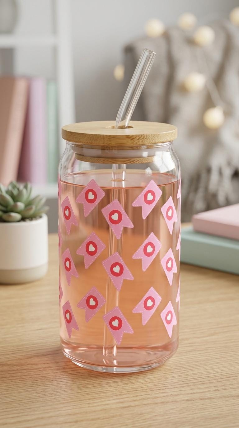 16 oz Glass Tumbler with Bamboo Lid and Straw - Pink Hearts - Coquette - Love