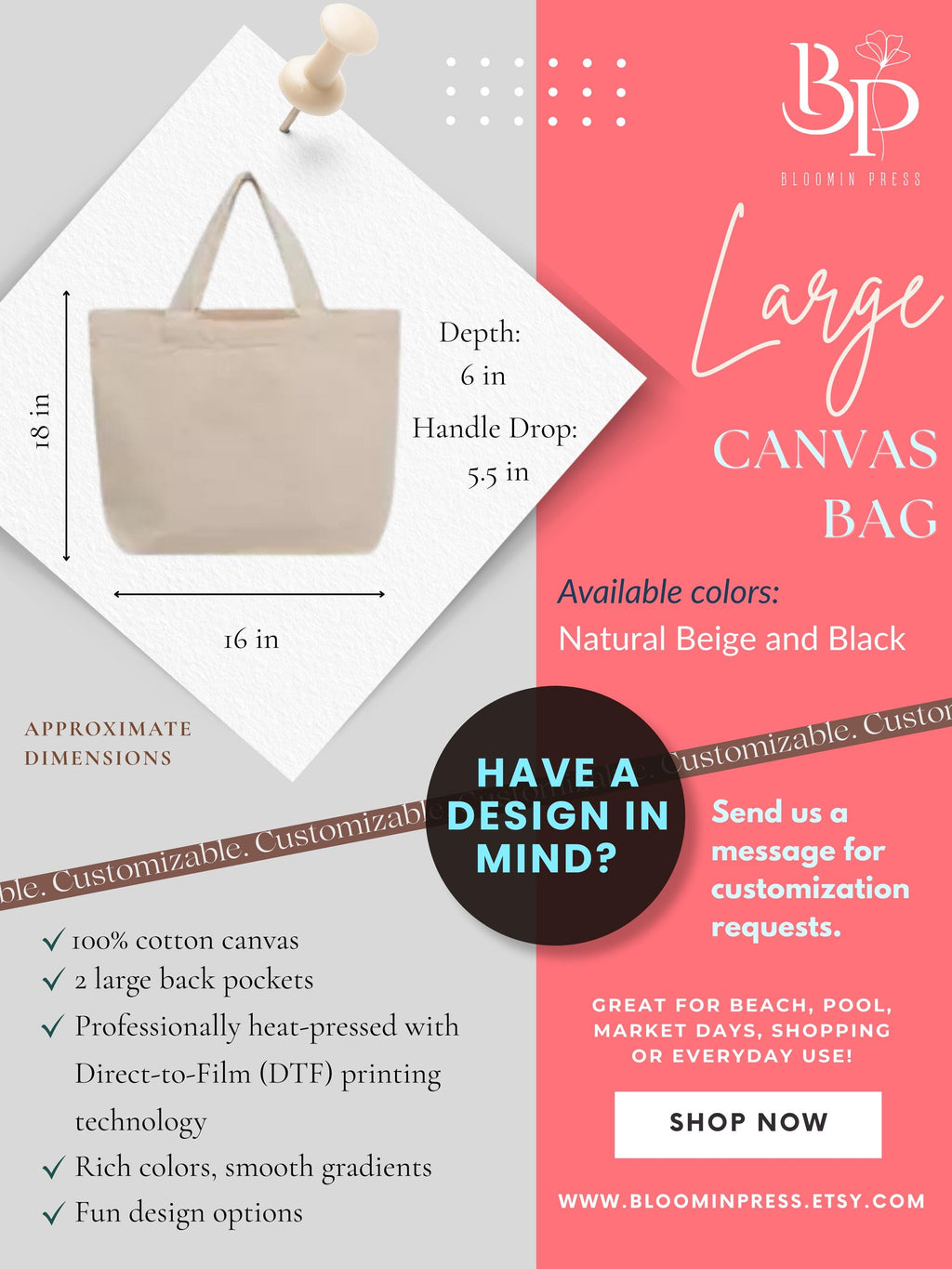 Large Canvas Beach Tote Bag – Summer Getaway Beach and Poolside