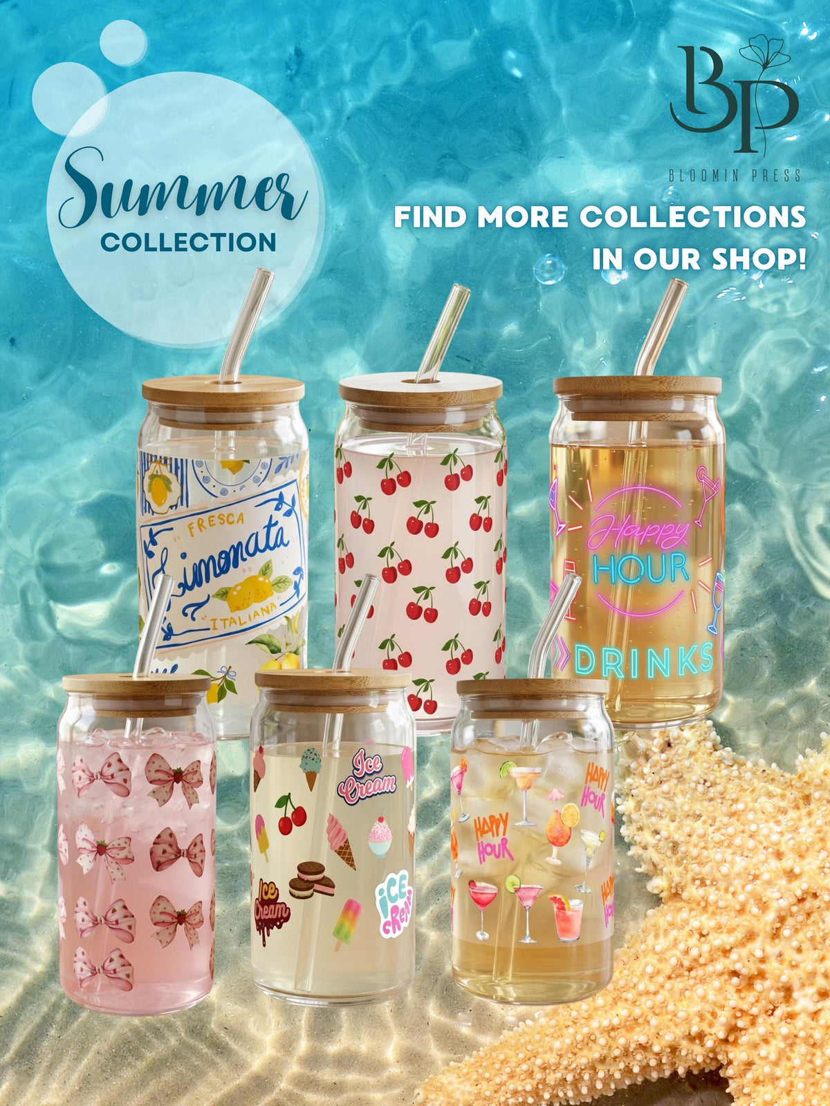 16 oz Ice Cream Print Glass Tumbler with Bamboo Lid & Straw