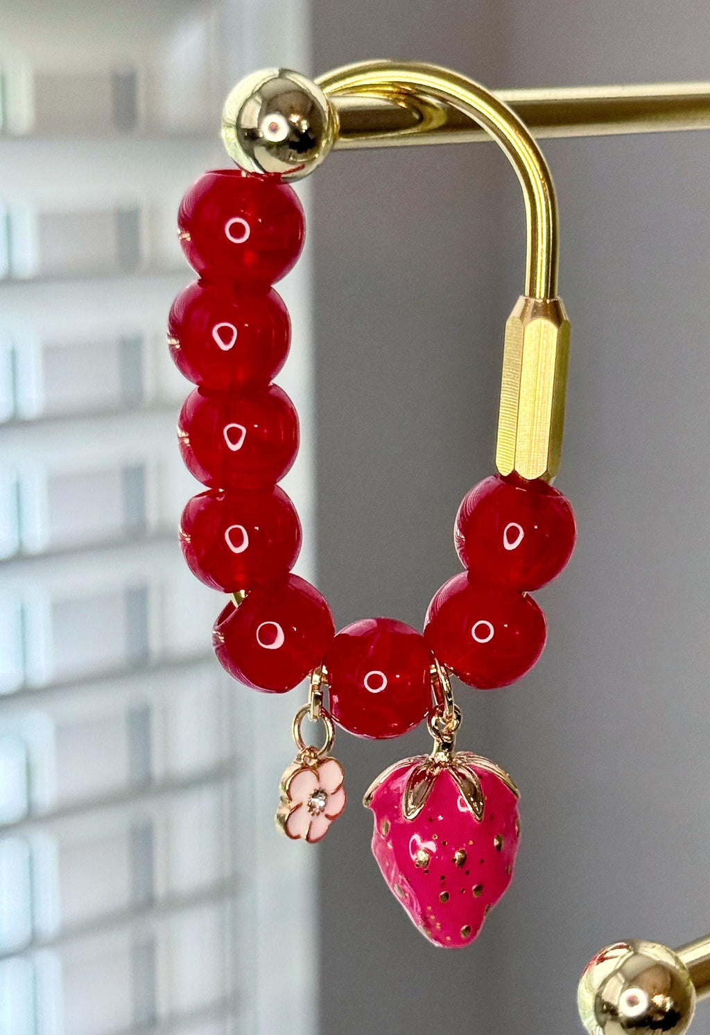 Golden Carabiner Bag Charm with Strawberry & Flower Charms – Red Beaded Keychain Accessories
